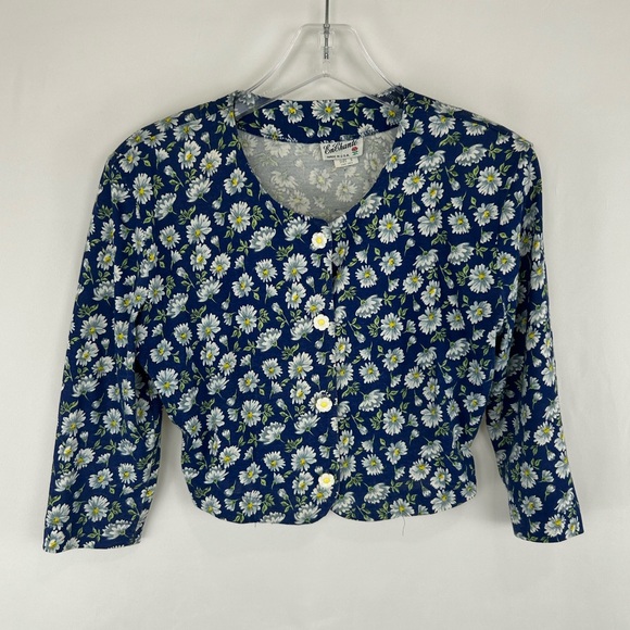 Vintage 80s En Chante Blue and Yellow Daisies Floral Cropped Blouse/Top - Picture 5 of 8